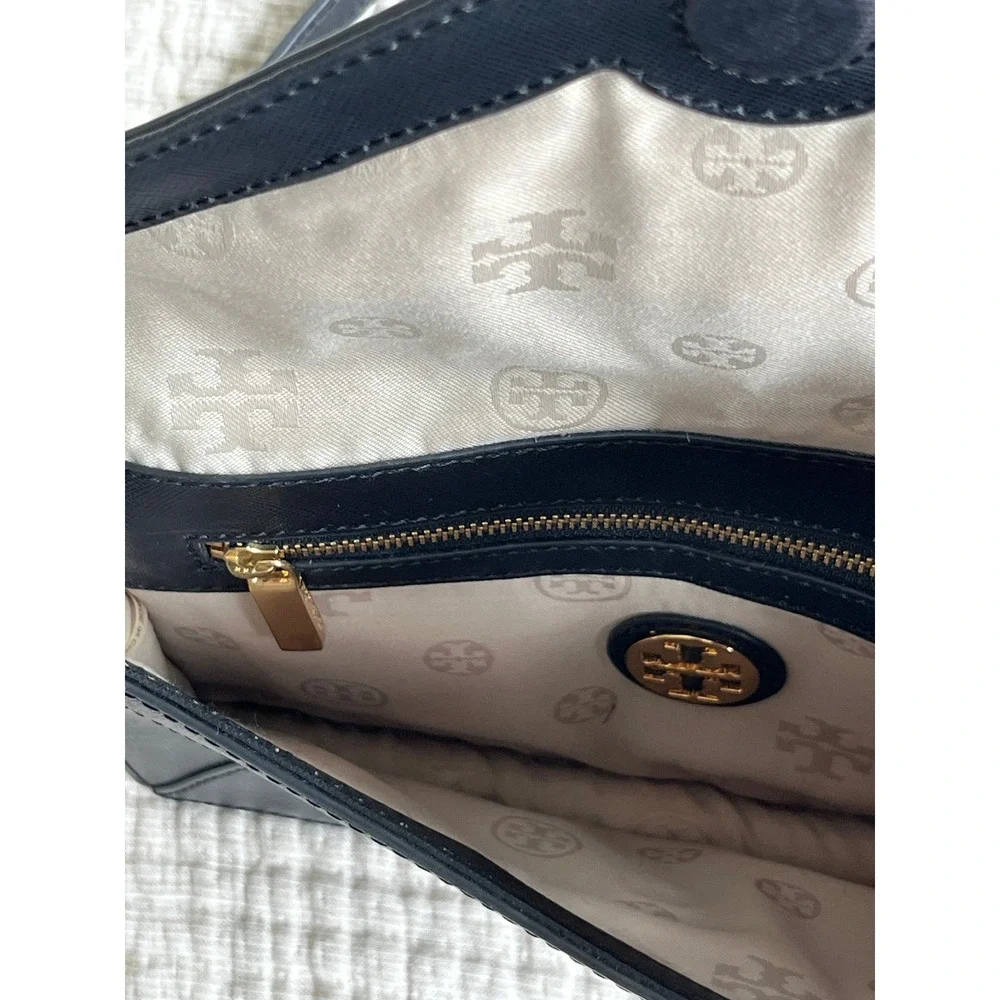 Tory Burch Black Saffiano Leather Envelope Clutch Gold Chain Purse Bag